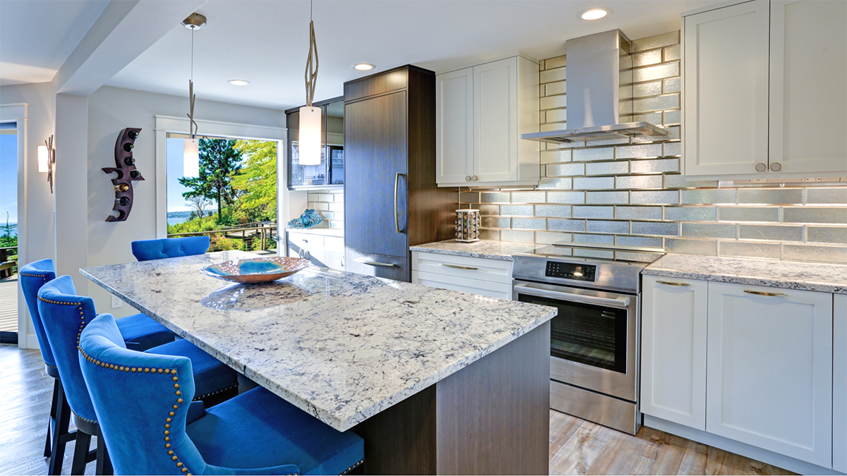 Allied-Gallery-Kitchen Countertop with blue chairs Allied-Gallery-Kitchen Countertop with blue chairs