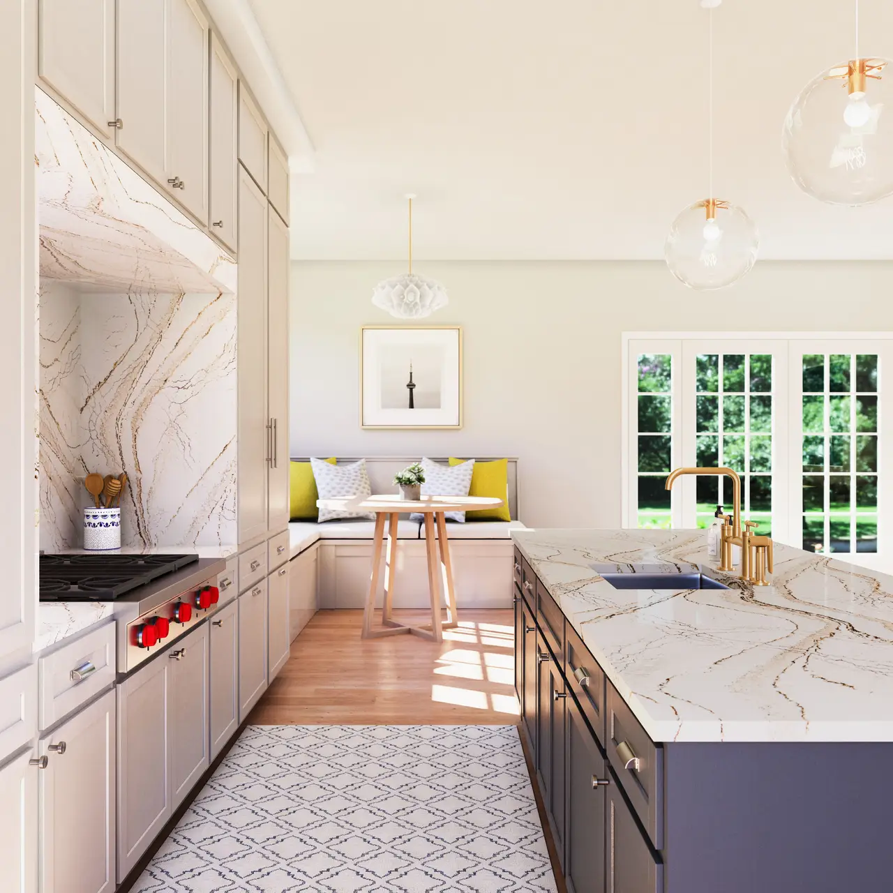 Cambria Matte quartz countertop by Cambria USA in a stylish kitchen, showcasing a creamy background with copper and brown veins and delicate black accents